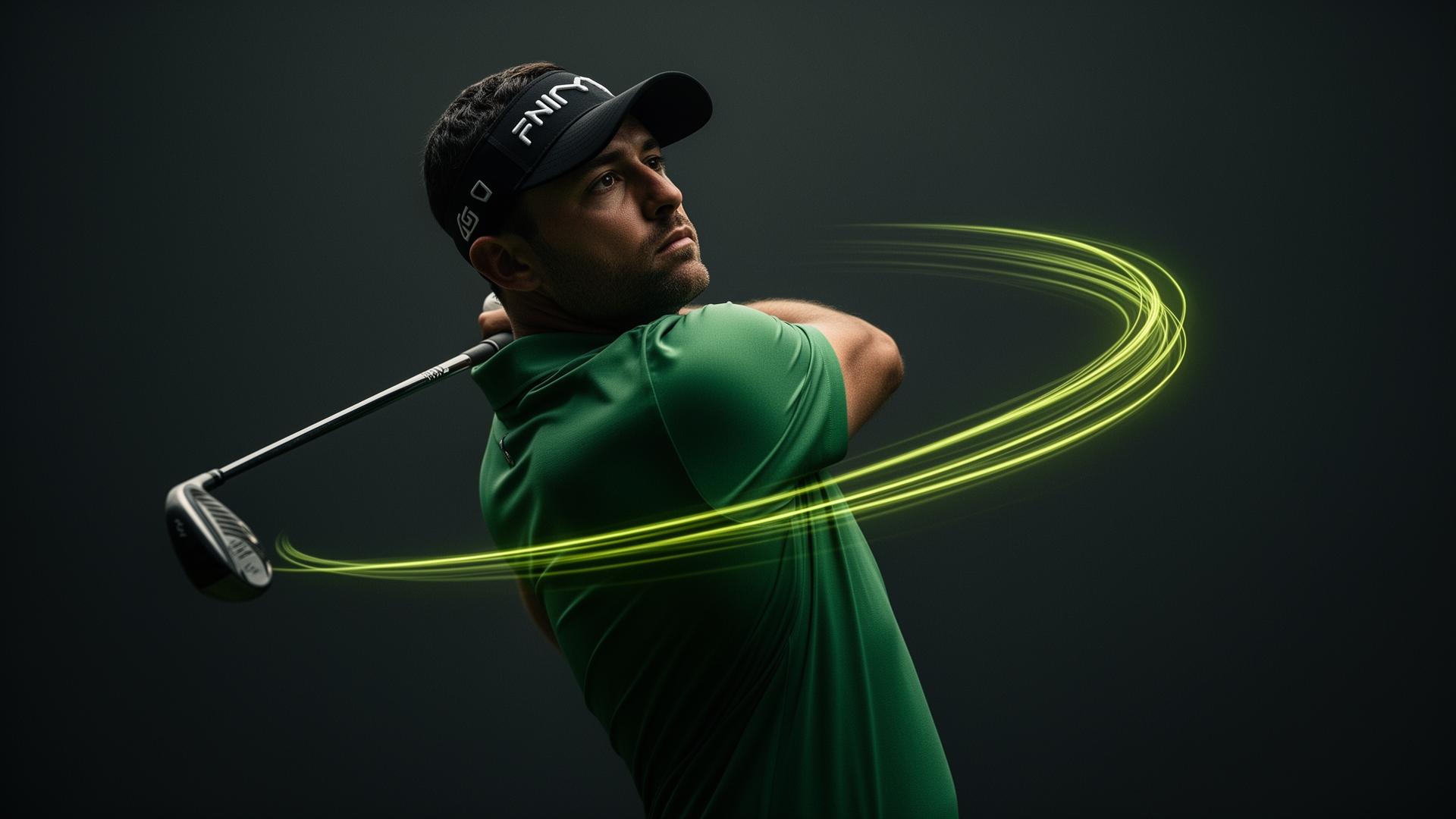 Golfer mid-swing with AI motion-trace lines
